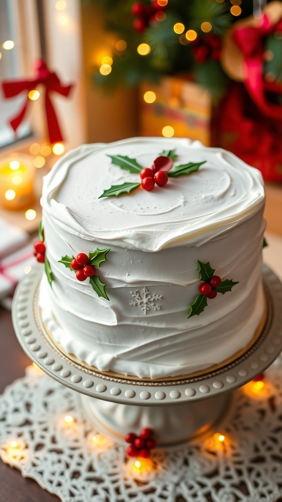 A white Christmas cake covered in fondant with festive decorations, on a cake stand with holiday lights.